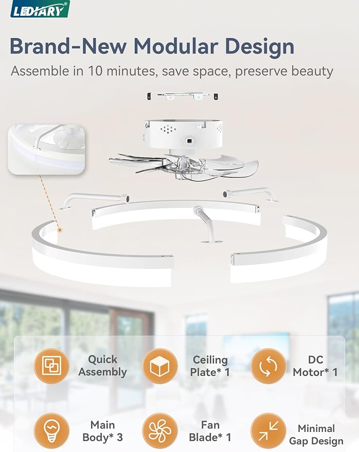 LEDIARY 23" Low Profile Ceiling Fans with Lights, APP & Remote, White | Flush Mount, Dimmable LED, Quiet DC Motor, Reversible, 6 Speeds, Fandelier, for Bedroom
