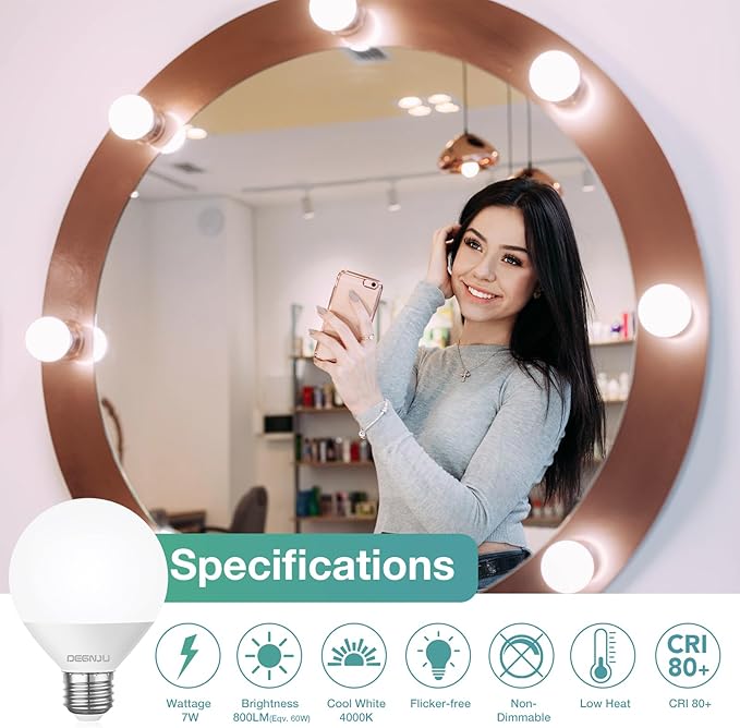 LED Vanity Light Bulbs, 60W Equivalent, Bathroom Light Bulbs 4000K Cool White, 800 Lumens, G25 Globe Bulb for Makeup Mirror, Round Shape, 7W, 120V, Non-Dimmable, 10 Pack