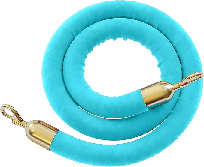 Montour Line Velvet Hanging Stanchion Rope Foam Core, 6 Foot Turquoise Rope with Polished Brass Snap Ends