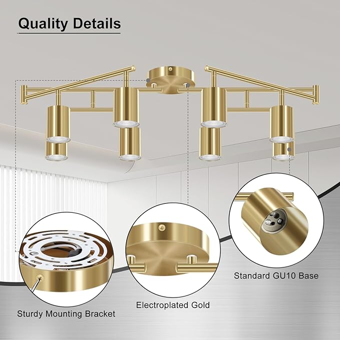 8 Light Track Lighting Fixtures Ceiling, Gold Kichen Track Lighting Fixtures, Rotatable Light Heads, Adjustable Modern LED Track Lights for Kitchen/Hallway, No GU10 Bulb