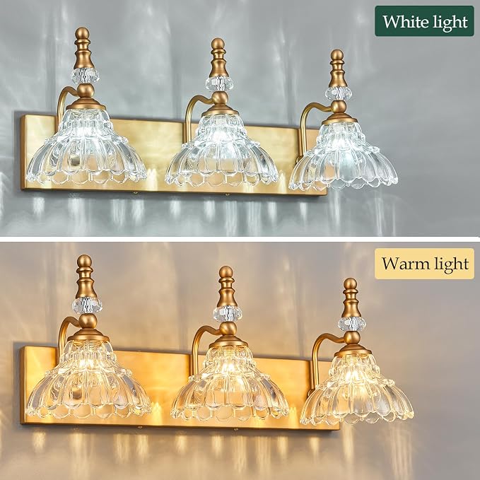 Vintage Bathroom Vanity Light, 3-Light Brass Vanity Lighting Fixture with Flower Glass Shade, Bathroom Lighting Fixtures Over Mirror