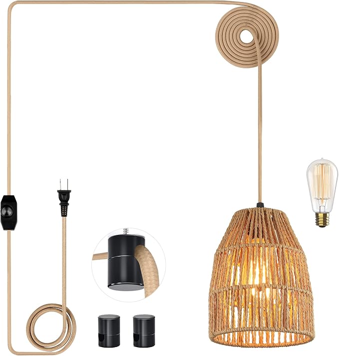 Plug in Pendant Light, Hanging Lights with 15ft Golden Cotton Cord & Stepless Dimming Switch, Handwoven Hemp Rope Lampshade, Boho Hanging Lamp for Bedroom,Hallway (Bulb & 2 Swag Hooks Included)