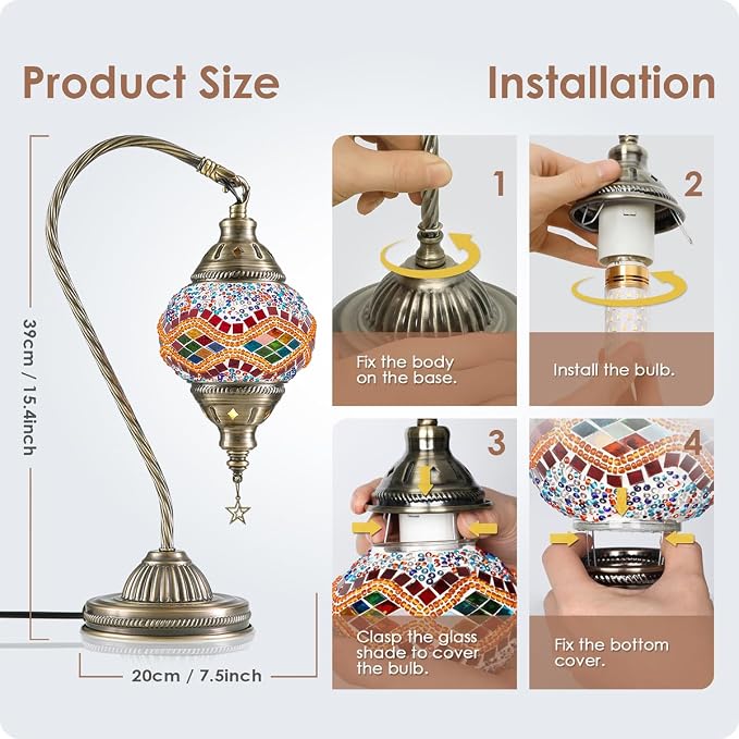 Yarra-Decor Turkish Moroccan Lamp with Bronze Base 3 Color Options Handmade Swan Neck Mosaic Glass Bedside Lamps for Bedroom (LED Bulb Included)(Orange2)