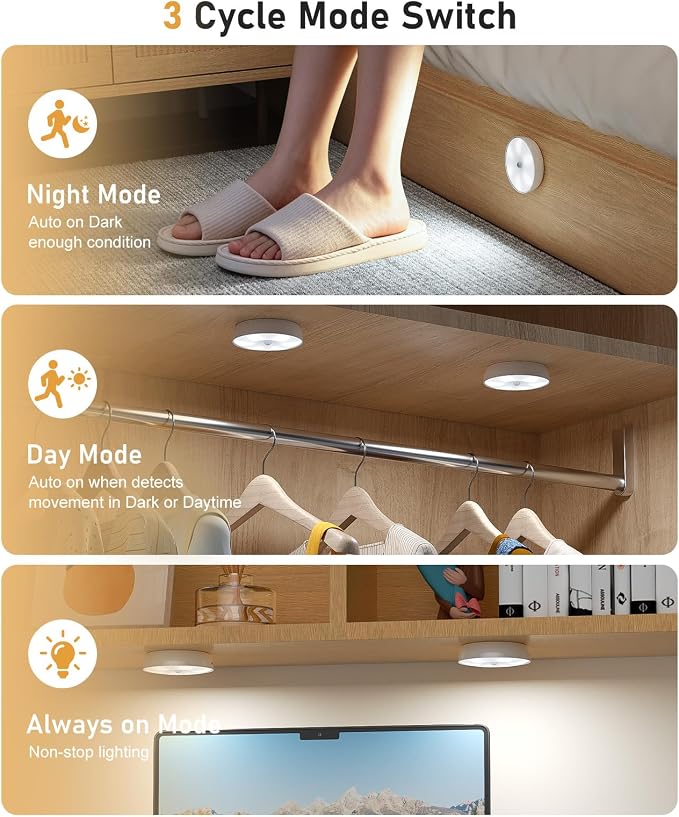 Motion Sensor Closet Lights, USB-C Rechargeable Under Cabinet Puck Lighting, Dimmable Battery Powered Step Lights for Kitchen, Stairs, Wardrobe, Auto-On/Off Night Lamp