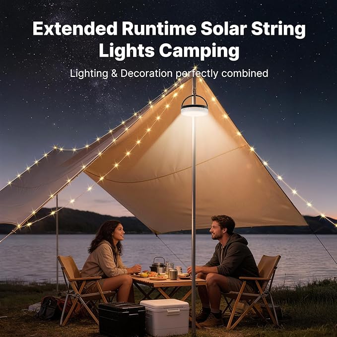 Solar Camping String Lights, 5400mAh/ 49.2FT/ 11 Modes Rechargeable Camping Lights Outdoor/Indoor, 4-in-1 Quick Storage Fairy Tent Lights Portable LED Lamp for Patio Yard Party Decor Essentials | Camping Lights Outdoor/Indoor, 4-in-1 Quick Storage Fair...