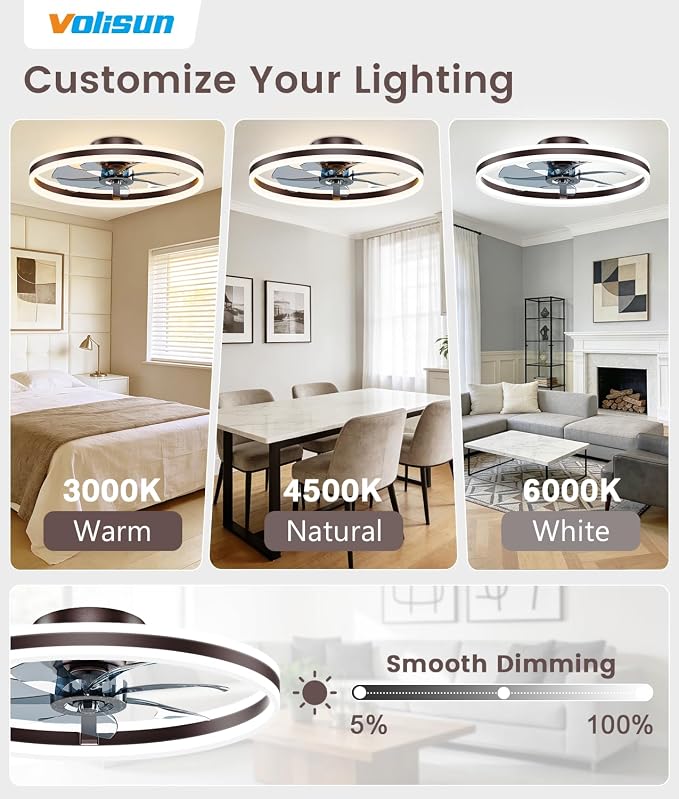 VOLISUN Low Profile Ceiling Fans with Lights and Remote, 24in Flush Mount Ceiling Fans with Light, 3000K-6500K Dimmable Fandelier LED Fan Light, Brown Bladeless Ceiling Fans with Lights for Bedroom