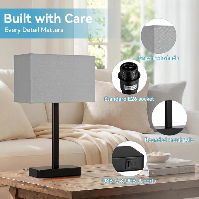 Touch Lamps for Bedroom, 3 Way Dimmable Grey Bedside Table Lamps Set of 2 | USB C+A Charging Port, Modern Table Lamp for Night Stands, Desk Lamp for Nightstand, Bed Side, Living Room, End Tables
