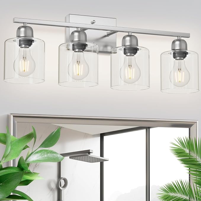 Modern Brushed Nickel 4 Light Bathroom Light Fixtures, 24 inch Vanity Lights for Bathroom with Clear Glass, Bathroom Vanity Light for Mirror Kitchen Living Room Hallway Cabinet Porch