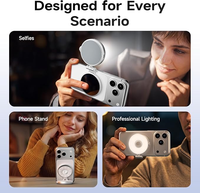 7RYMS 7Lite L1 Magnetic Selfie Light for MagSafe iPhone, LED Fill Light | CRI95 Lighting, 360° Rotation and Built-in Mirror. Magnetic Mount for Selfies, Video Call, Streaming and Photography (Silver)