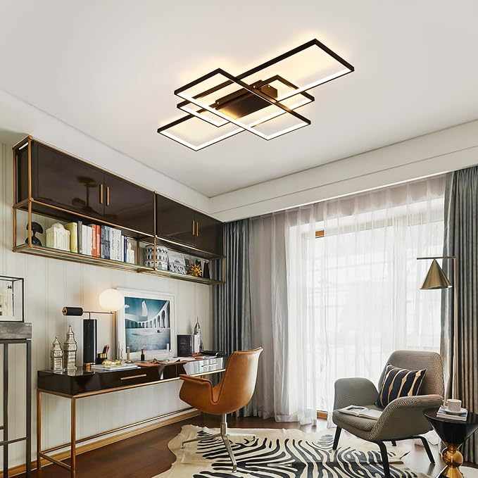 GEADI Modern 41.3in 3-Square LED Ceiling Light, 68W Black Flush Mount | Dimmable Rectangular Ceiling Lamp with Remote Control, 3000K-6000K, 5440 Lumens for Living Room, Dining Room and Kitchen