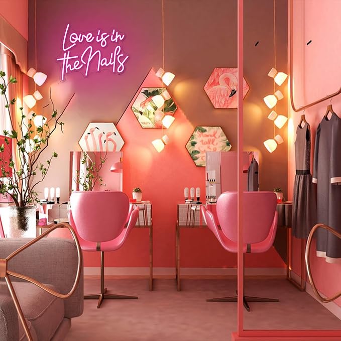 "Love is in the nails" Neon Sign Nail Neon Light Pink LED Sign Letter Neon Light Up Sign for Nail Salon Beauty Salon Makeup Room Decoration(16.5 * 12.7)