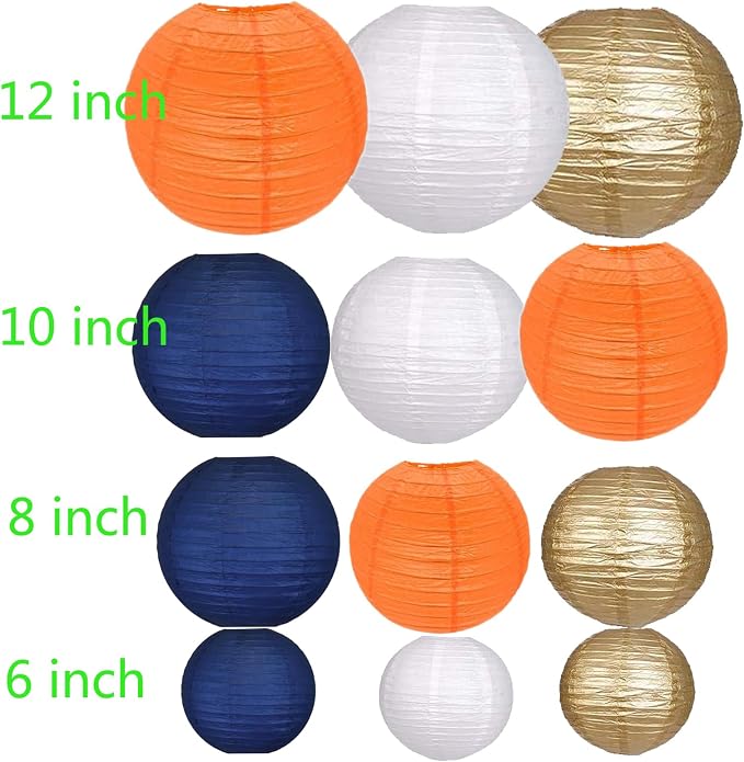 12Pcs Paper Lanterns 6”, 8”, 10”, 12”,Paperlanterns Party Decoration, Dark Blue White Orange Gold Paper Lanterns for Wedding, Bridal, Birthday, Outdoor, Home, Garden, Holiday and Party.