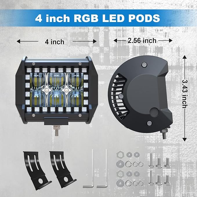 Lpteso 4 Pack 4Inch RGB LED Flood Work Light Bar Offroad LED Pods Driving Fog Lights with Multi-Color Chasing RGB Halo 16 Solid Colors Over 92 Flashing Modes for Trucks Boat 4WD SUV ATV
