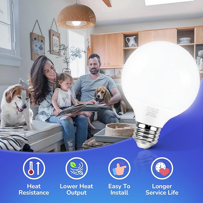 MAXvolador G25 LED Globe Light Bulbs Daylight White 5000K, Round Vanity Light Bulb 60W Equivalent, E26 Base Bathroom Mirror Light Bulbs, 500LM, Non-Dimmable, 12-Pack
