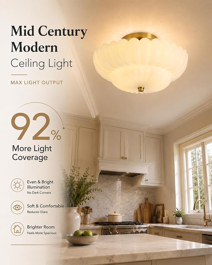 Semi Flush Mount Ceiling Light Fixture 14" Vinatge Gold Ceiling Lights Mid Century Modern Milk White Glass Close to Ceiling Lighting Fixtures for Bedroom Hallway Kitchen Laundry Room Bathroom