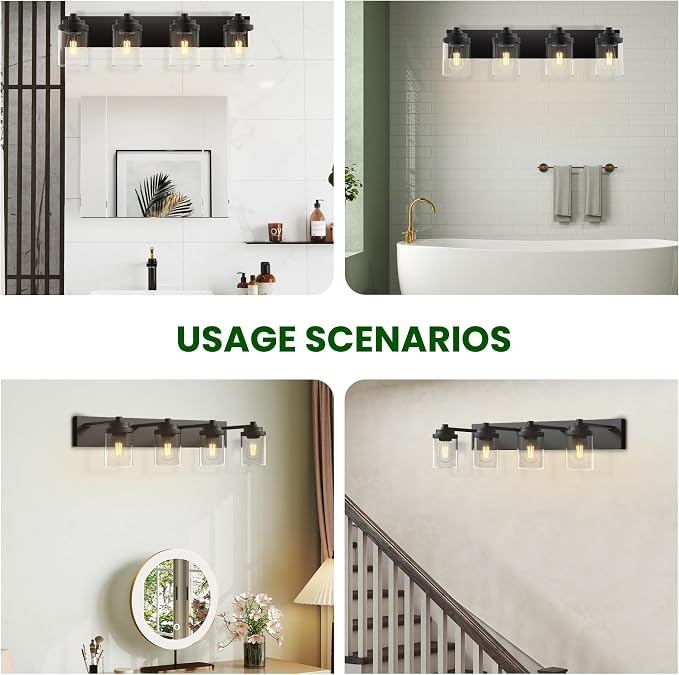 Bathroom Vanity Light Fixture, 4-Light Modern Black Vanity Light Fixtures with Clear Glass Shade, Matte Black Bathroom Light Fixtures Over Mirror, Rustic Restroom Lighting Fixtures