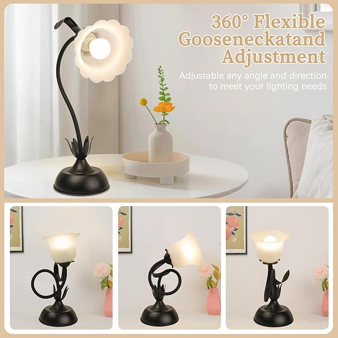 Vintage Flower Table Lamp, 3 Color Temperature Flexible Gooseneck Cute Small Desk Lamp for Bedroom, Kawaii Nightstand Bedside Lamps for Living Room, Dorm, Office, Home Decor (Black)