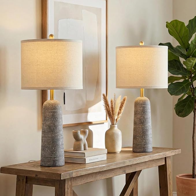 BOBOMOMO 27.25" Modern Table Lamp Set of 2, Light Grey Resin Table Lamps with Stone Look, Lamps for Living Room with Linen Shades, Bedroom Nightstand Lamps, Table Lamps for Living Room End Tables