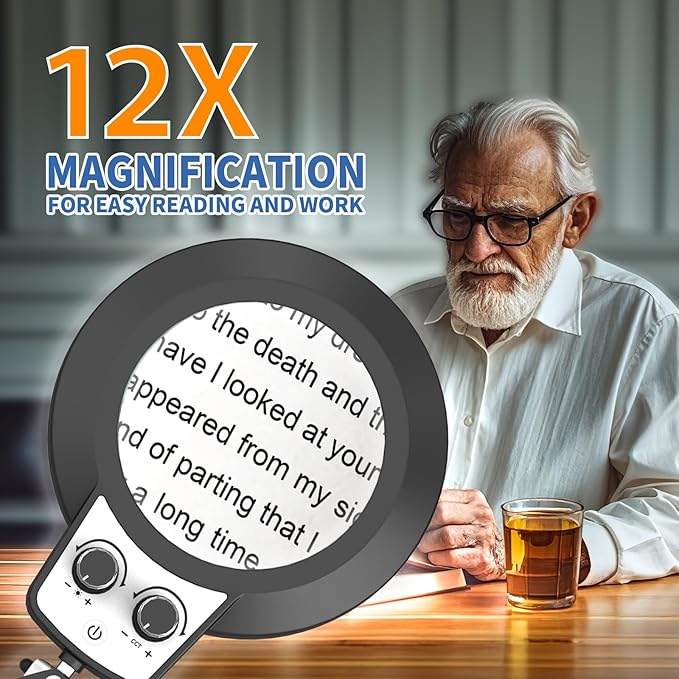 HITTI 12X Magnifying Glass with Light Hands Free, 2026 New Upgrade Infinite Color and Brightness Magnifying Desk Lamp & Clamp, 2-in-1 LED Lighted Magnifier Stand for Craft Reading Hobby Close Work