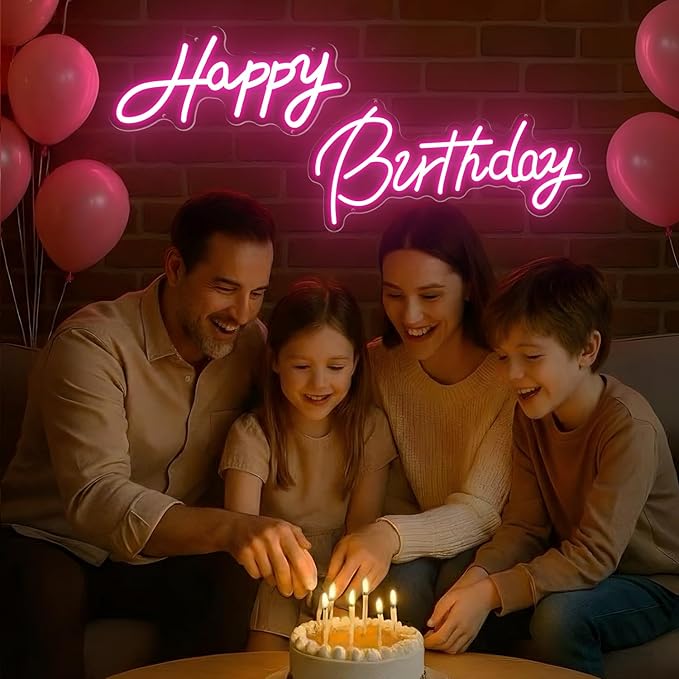 22x16.9 Inch Large Happy Birthday Neon Sign, Dimmable Pink LED Neon Light Sign for Party Backdrop, USB Wall Decor for Bedroom,Reunion,birthday