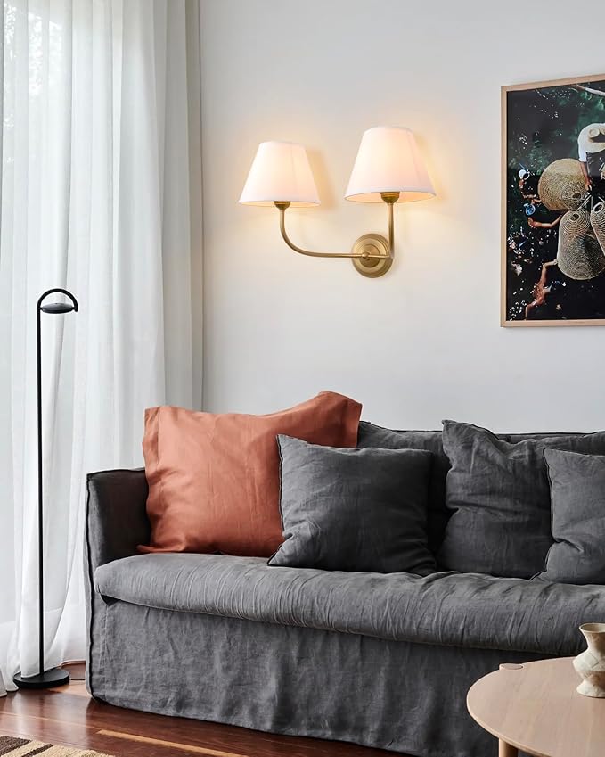 Vintage 2-Lights Fabric Sconces Wall Lighting with White Cloth Shade, Double Arm Wall Lamp Fixture for Living Room Bathroom Bedroom Hallway