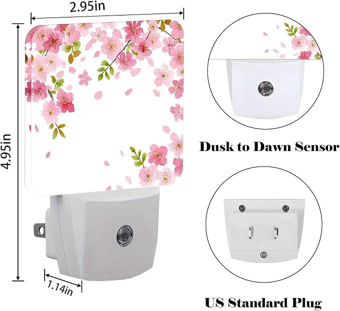 Cherry Blossoms Night Light,Spring Flower Plug Into Wall Decor for Stairway,Hallway,Kitchen,Dusk to Dawn Sensor Nightlights for Boys/Girls/Women/Men Room Gifts