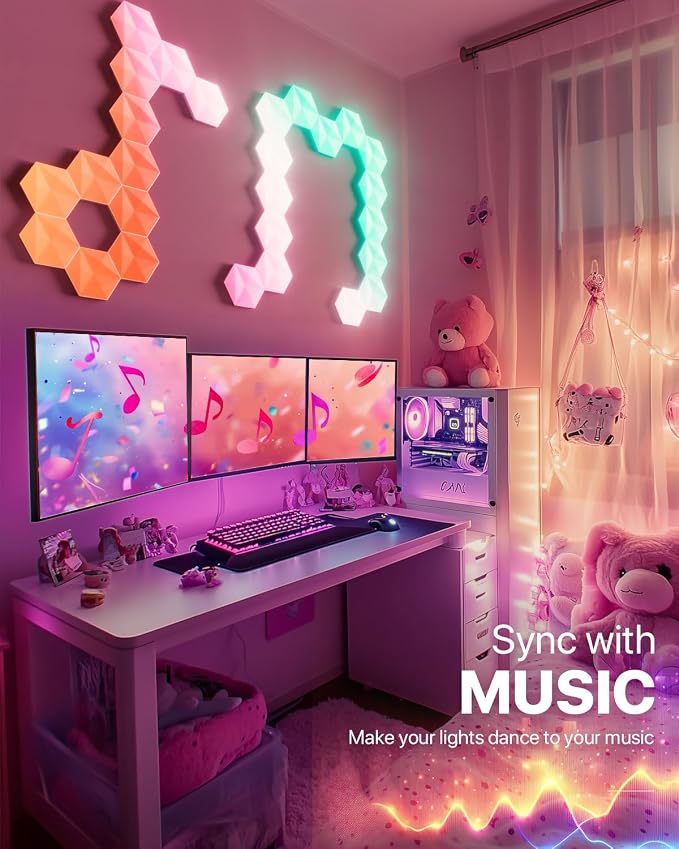 10 Pack Hexagon Led Lights, 110cm Smart Hexagon Light Panels, Hexagon Wall Lights, RGB Color Changing with App & Remote, Music Sync for Gameroom Lighting, Party Decor