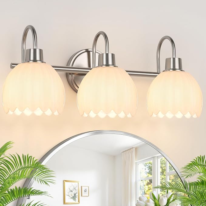 Bathroom Light Fixtures, 3-Light Brushed Nickel Bathroom Vanity Light Over Mirror with White Tulip Glass Shades, Vanity Light Fixture for Bedroom, Living Room & Hallway (Bulbs Not Included)