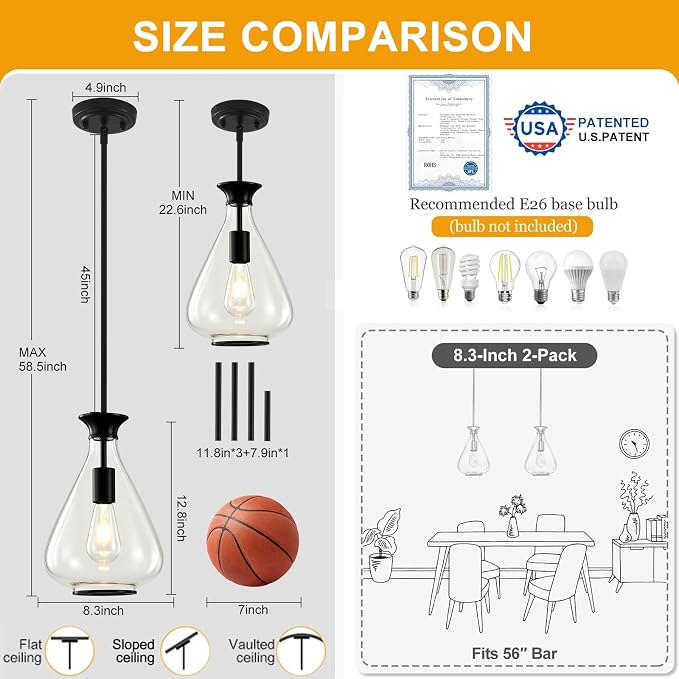 Modern Pendant Lights Kitchen Island, 1 Pack Matte Black Pendant Light Fixtures with 8.5" Clear Glass Shade, Industrial Hanging Pendant Lights Fixture for Kitchen Island Dining Room Bedroom Entryway