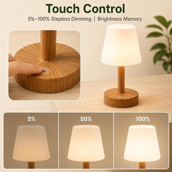 Rechargeable Table Lamp, Mini Cordless Shower Lamp for Bathroom, IP54 | Warm Oak-Look Body, Compact Fit for Small Surfaces, Warm-to-Cool Ambience, Touch Dimming with Brightness Memory