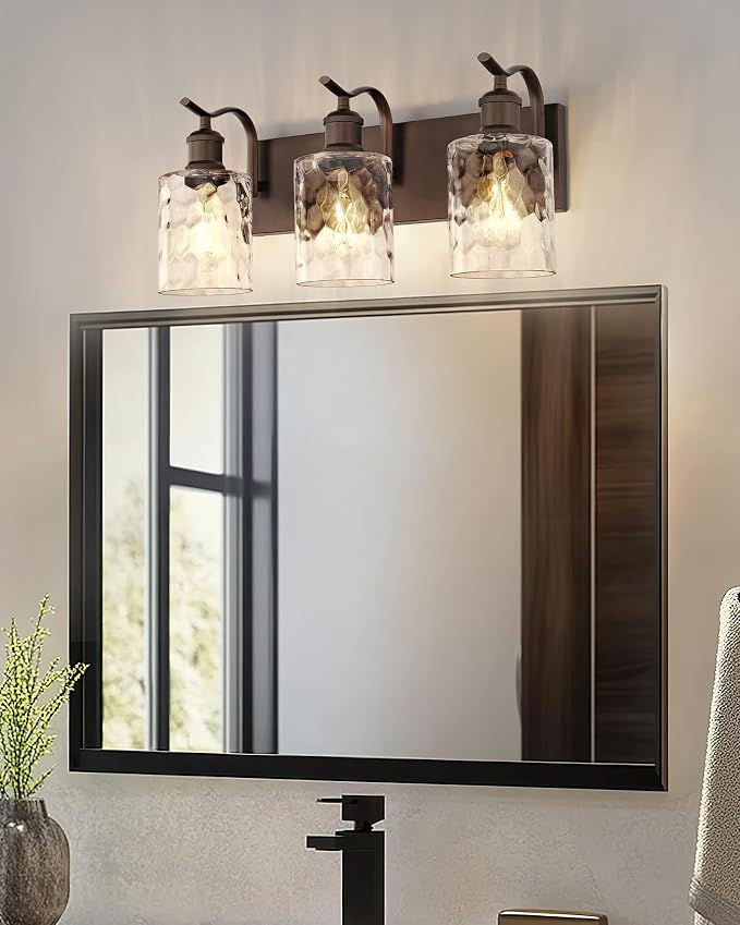3-Light Bathroom Vanity Light,Hammered Glass,Oil Rubbed Bronze | 19.6 Inch Over Mirror Wall Light,E26 sockets,for bathroom mirror,powder room,dressing area