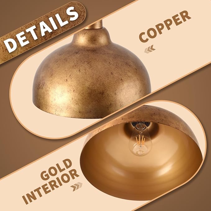Ziqqeelam 11.8" Copper Pendant Light Kitchen Island Farmhouse Hanging Gold Pendant Light, Vintage Dome Pendant Lights, Farmhouse Dome Chandelier for Kitchen Island Dining Room