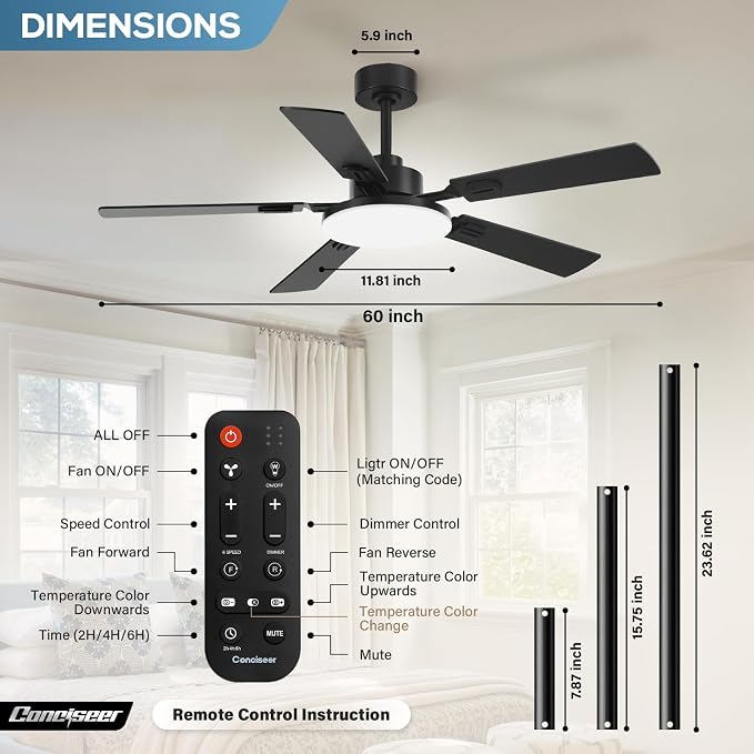 60 Inch Ceiling Fans with Lights and Remote, Bedroom Living Room Office Library Cafe Outdoor Industrial, 5CCT Dimmable, Dual Color 5 Blades, 6 Speed Reversible Quiet DC Motor, Black/Wood Grain