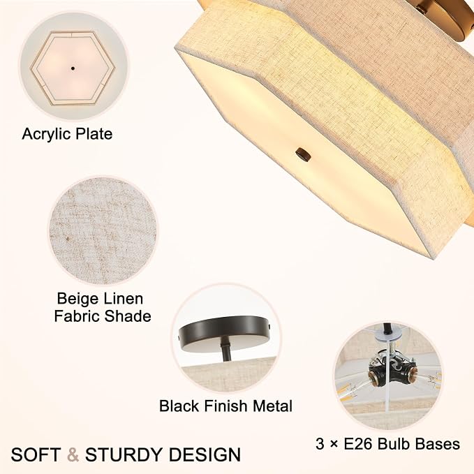 18" Large Black Semi Flush Mount Ceiling Light, 3-Light Fixture | Beige Linen Double Hexagonal Shade, Modern Black Finish For Bedroom, Dining, Living, Hallway, Entryway; Close-To-Ceiling, E26