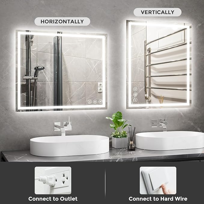 Koonmi 32x30 LED Bathroom Mirror with Light, Anti-Fog, 3 Colors | Backlit + Front Lit, Dimmable Brightness, Shatterproof HD Distortion-Free Tempered Glass, Hardware Included