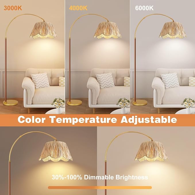 Vintage Arc Floor Lamps for Living Room Farmhouse Wood Floor Lamp with Remote Control,Dimmable Rattan Floor Lamp Boho Standing Lamp with 3 Color Temperature Wicker Tall Floor Lamp for Bedroom Corner