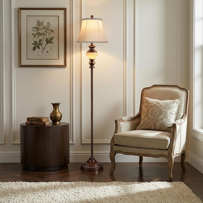 65'' Vintage Floor Lamp for Living Room, Retro Farmhouse Standing Lamp with Nightlight, Tall Lamp with Fabric Shade and Rotary Switch for Bedroom Office Dining Room Corner(LED Bulb Included)