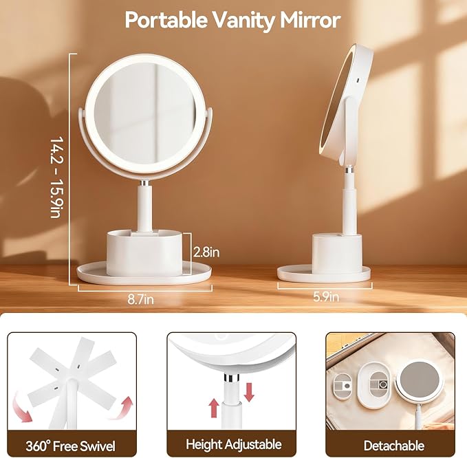 Travel Makeup Mirror with Lights, 1X/20X Lighted Makeup Vanity Mirror with Storage , 2-Sided Height Adjustable Magnifying Detachable Desk Mirror with 3 Color Lights, 360° Rotation & Rechargeable