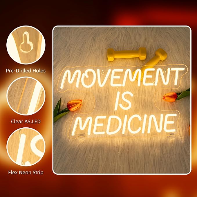 Movement Is Medicine Neon Sign Gym Light Up Home Fitness Club LED Exercise Neon Signs for Wall Decor in Sports Room Party Bar LED Warm White Letters Sign in Home Gym Decor Art Gifts for Adult