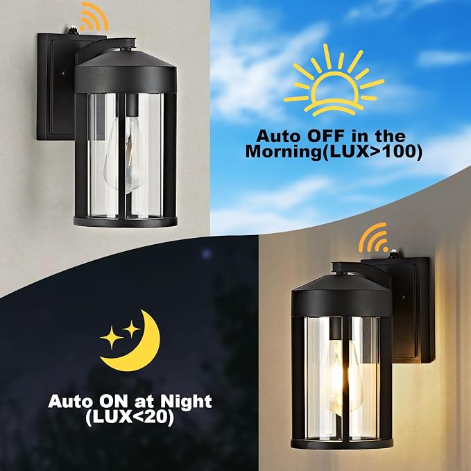 Dusk to Dawn Outdoor Lights Fixture Wall Mount–Geometric Industrial Black Exterior Wall Sconce, Waterproof Anti-Rust with Photocell Sensor Outside Porch Light for House Patio Entryway Garage