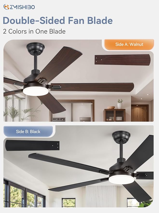 ZMISHIBO 60" Ceiling Fans with Lights and Remote, Black Modern for Indoor | Large Size, 3CCT, Downrod Mount, Farmhouse Dual Finish Blades, Quiet&Strong Motor, Memory Function for Bedroom, Living Room