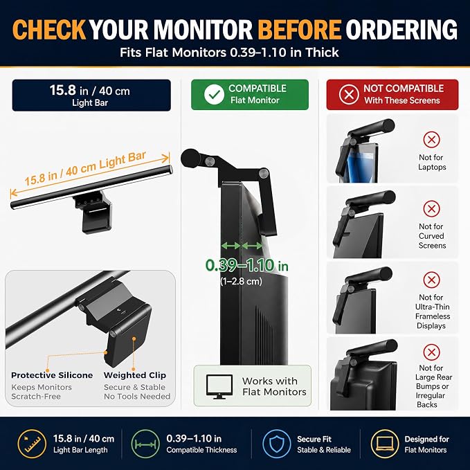 Monitor Light Bar 15.8", No-Glare Asymmetric Desk Screen Lamp | Auto-Dimming USB Reading Lamps, CRI Ra97, 2700K-6500K & Stepless Dimming, Touch Control, 5V/2A Adapter for Home Office