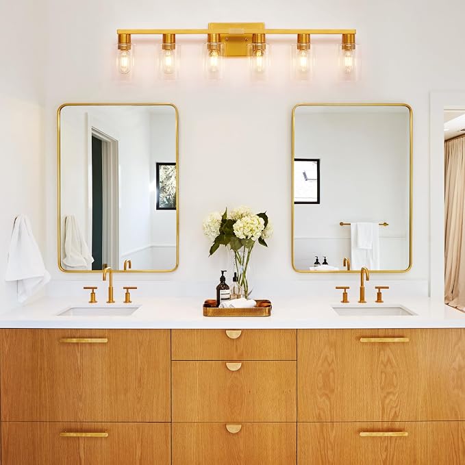 Gold 6 Light Bathroom Vanity Light Brush Gold Bathroom Light Fixtures Brass Vanity Lights for Bathrrom Large Wall Sconce with Clear Glass Shade E26 Socket