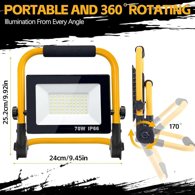 LED Work Lights with Stand, Adjustable Work Light, (1 Adjustable Head) | Waterproof Foldable Tripod, 6,500 Kelvin, Extended Cord for Outdoor & Indoor Job Sites, Workshops