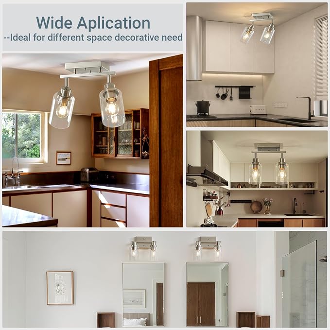 LOUSACE 2 Light Brushed Nickel Bathroom Vanity Track Light Fixtures Ceiling Mount Kitchen Track Lighting Kit with Clear Glass Shade, Modern Wall Ceiling Rotatable Tracking Light Heads for Accent Shop