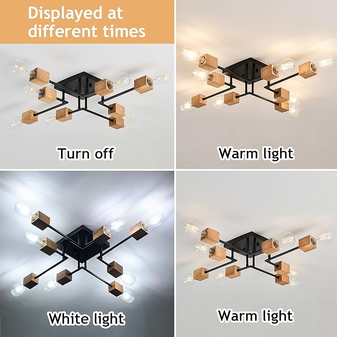 8-Light Modern Black and Wood Sputnik Chandelier Retro Matte Ceiling Light Fixture Boho Ceiling lamp for Kitchen Dining Room Living Room Bedroom Farmhouse