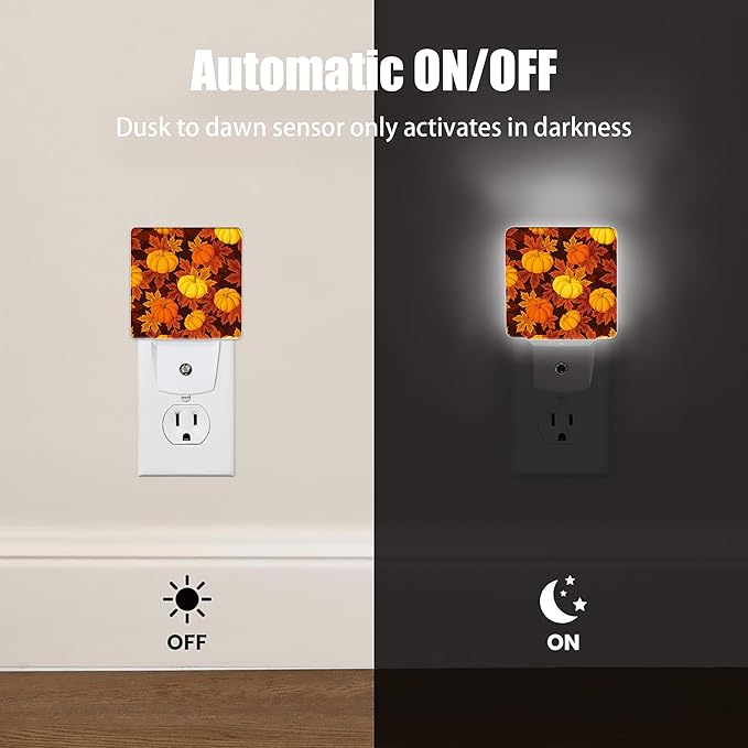 Autumn Pumpkins Leaves Night Light Plug in Wall Lamp Smart Dusk to Dawn Sensor for Home Decorative, Kids Room Bedroom Bathroom Kitchen Hallway Gifts