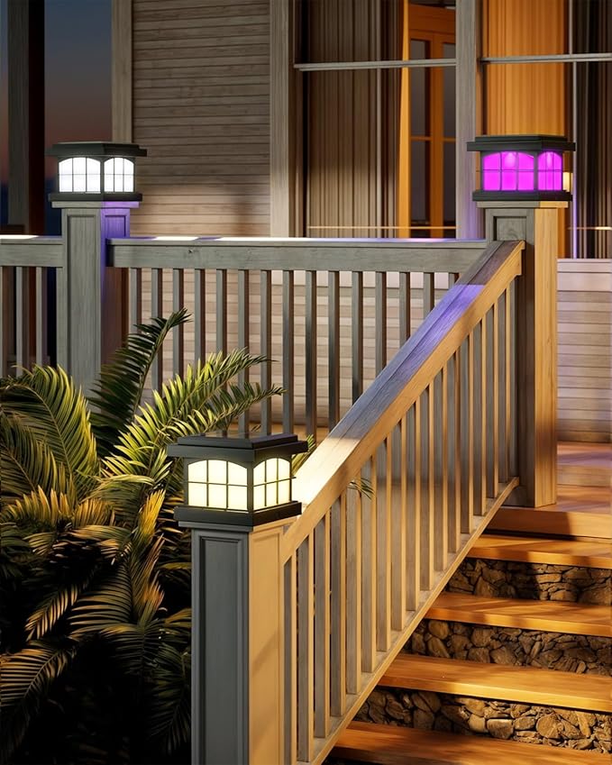 PARTPHONER RGBCW Solar Post Cap Lights 2-Pack, 9 Colors 3 Modes Fence Cap Lights, Bright Solar Outdoor Waterproof LED Deck Lighting for Fence Garden Deck Patio Porch Decor 4x4 Vinyl/Wood, Black