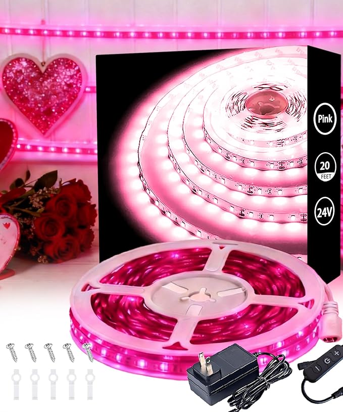 Pink Led Lights Strip Valentines Galentines Day Decor Rope Lights Easy DIY Princess Bedroom Cuttable Strip Lights for Baby Room Bathroom Living Room Kitchen Ceiling Wall Vanity Mirror Decoration