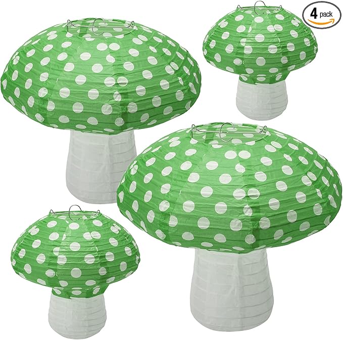 4Pcs Mushroom Shaped Paper Lanterns, Windspeed Large 8 and 12 Inch Lanterns for Nursery Garden Christmas Party Decoration (Green)